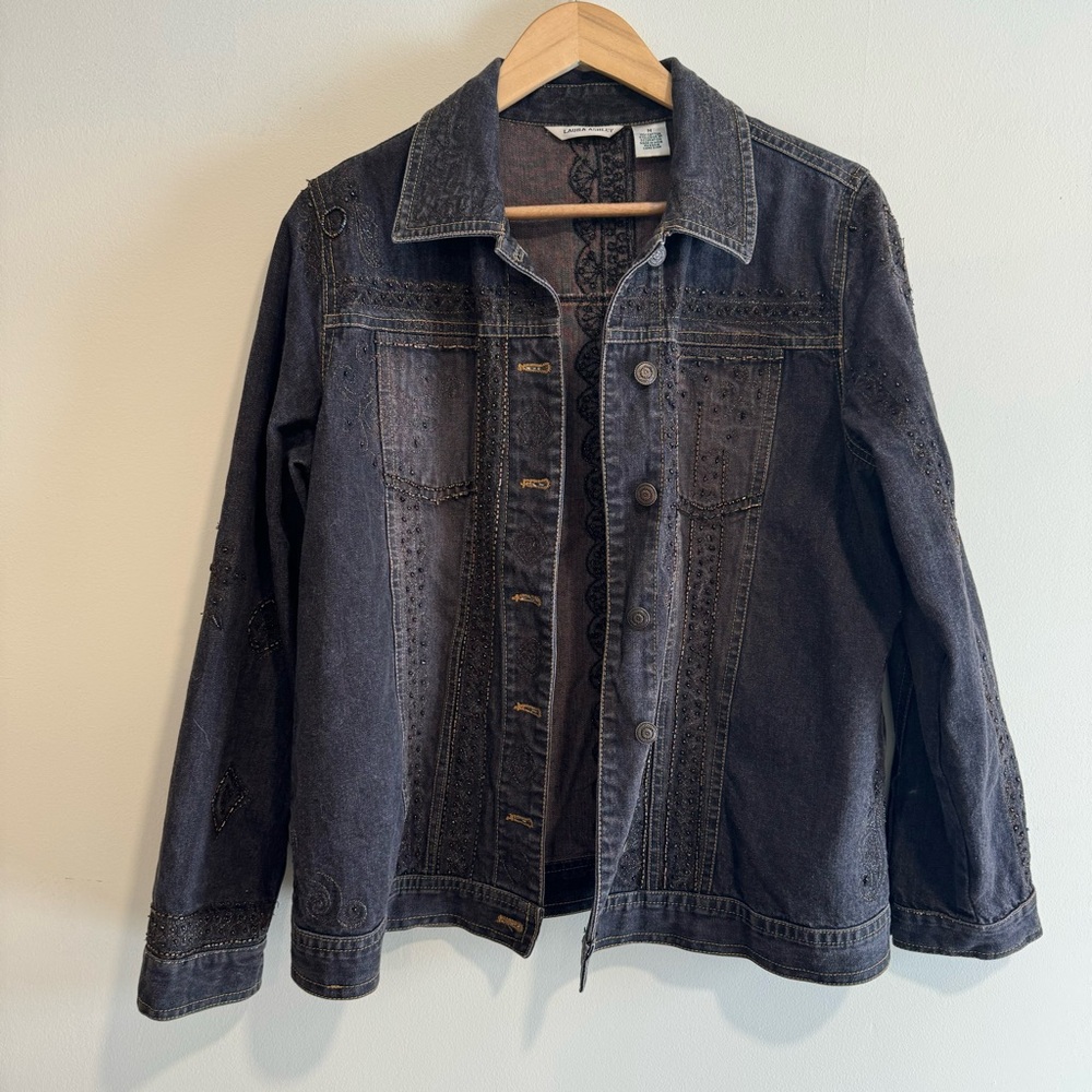Laura Ashely beaded embroidered 100% cotton jean jacket, size M